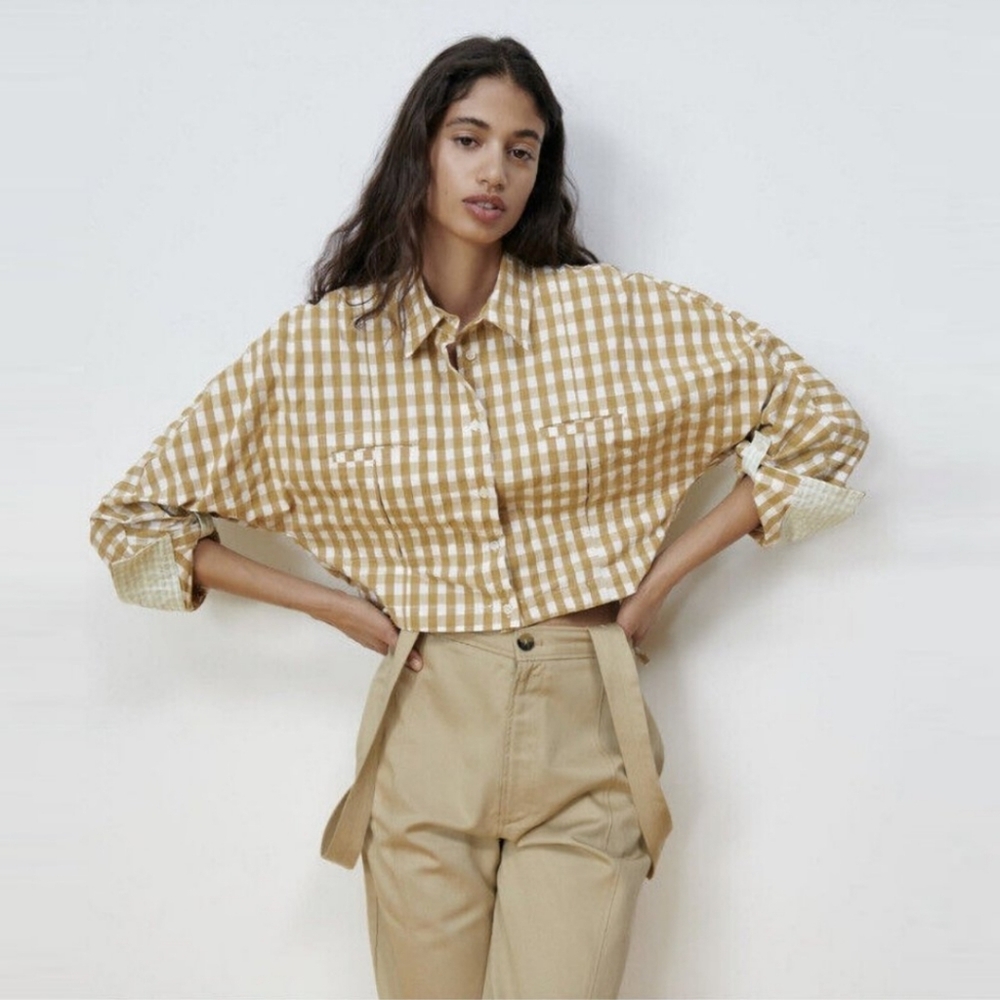 Zara Gingham cropped shirt/Jacket Button Front Size Medium